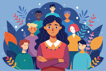 An illustration depicting a woman experiencing social anxiety while surrounded by a group of people, Social anxiety Customizable Disproportionate Illustration