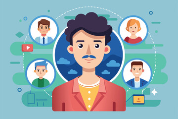 Cartoon of a smiling mustached man with 4 friends = social connections and network building, Social biography Customizable Cartoon Illustration