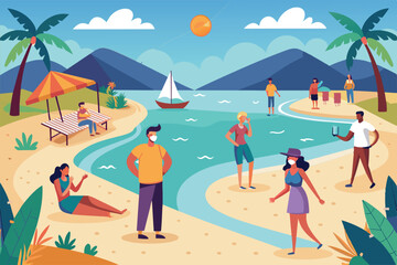 A group of people enjoy a day at the beach, maintaining social distancing while wearing face masks, Social distance at the beach Customizable Semi Flat Illustration