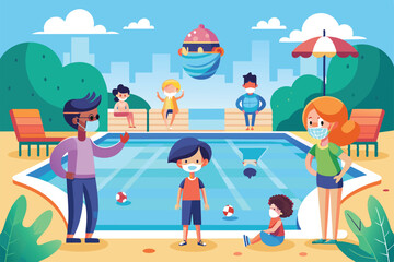 Cartoon illustration of children wearing masks and practicing social distancing while enjoying a day at the pool, Social distance at the pool Customizable Cartoon Illustration