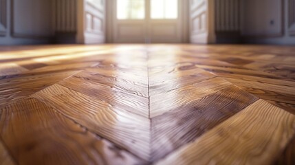 A wooden floor featuring a distinctive chevron pattern