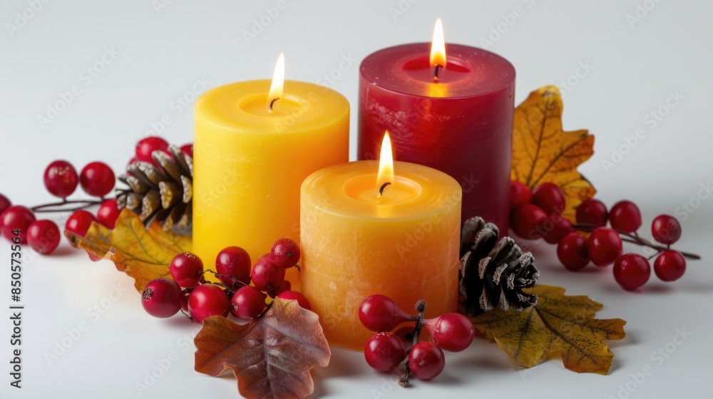 Poster A compact set of three candles placed side by side, perfect for use in interior design or as a decorative element