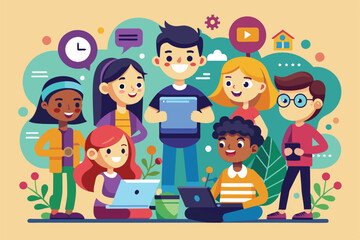 Cartoon illustration of diverse children interacting with technology, Social interaction Customizable Cartoon Illustration