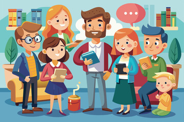 Obraz premium A group of cartoon friends gather in a room, sharing conversation and books, Social interaction Customizable Cartoon Illustration