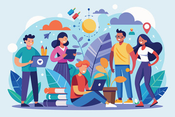Four friends enjoy a sunny day outdoors, using their devices and interacting with each other, Social interaction Customizable Semi Flat Illustration