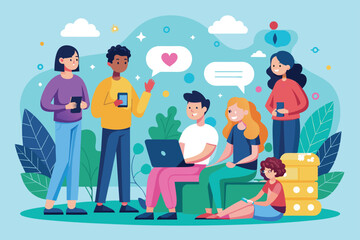 A group of six friends are gathered in a park, talking and using their devices, Social interaction Customizable Semi Flat Illustration