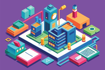 Cityscape with modern buildings, tower, factories, and connected infrastructure in isometric style, Specs Customizable Isometric Illustration