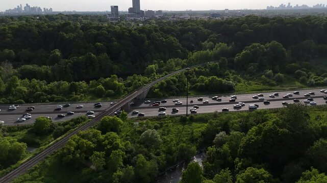Toronto, highway aerial shot of city.