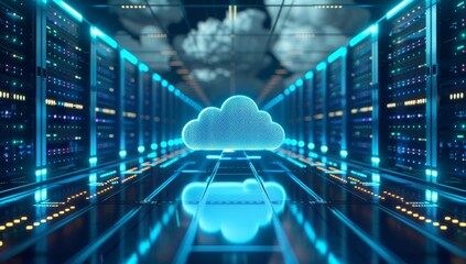 A futuristic data center scene featuring a digital cloud visualization