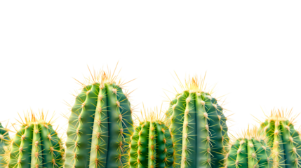 Closeup of spiked green wild desert cactus plant isolated on transparent background. Tropical summer object with sharp thorns