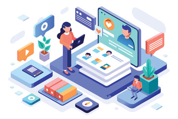 An isometric illustration depicting a woman using a dating app, swiping through profiles on her laptop, Swipe profiles Customizable Isometric Illustration