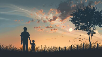 Silhouette of father and son holding hands, walking at sunset with a beautiful sky and tree