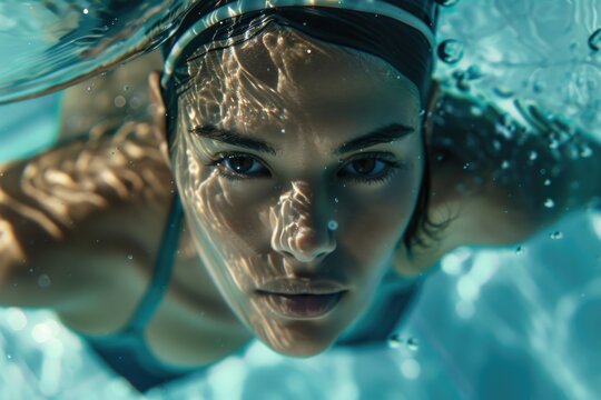 A woman swims underwater in a pool with sunlight shining through the surface