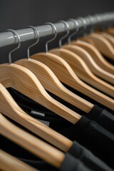 A row of wooden clothes hangers on a rack, suitable for use in a closet or storage room