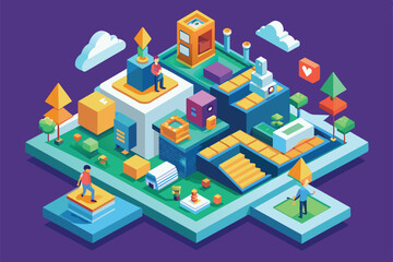 An isometric cityscape with people on multiple levels exploring geometric shapes and structures, Throw down Customizable Isometric Illustration