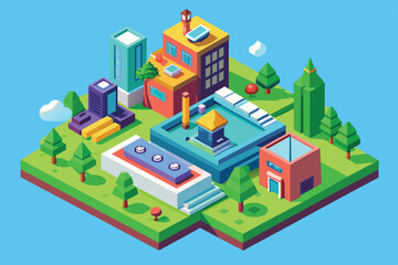 Isometric illustration of a modern city featuring buildings and trees, perfect for customization, Throw down Customizable Isometric Illustration