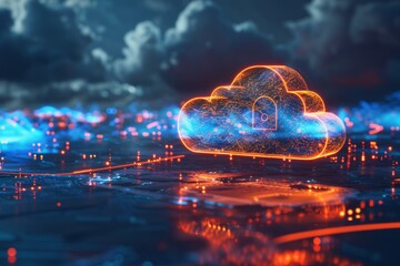Futuristic cityscape  metallic lock icon in minimalist cloud over data flow lines