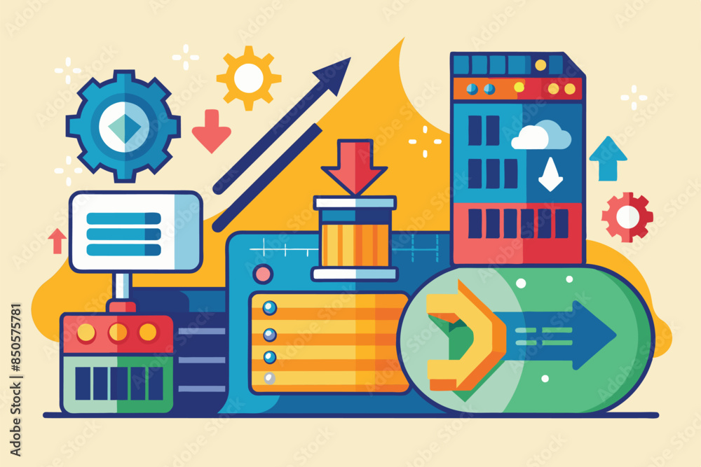 Poster Abstract illustration of a system upgrade and data transfer, featuring a colorful, geometric design with arrows and servers, Upgrade Customizable Disproportionate Illustration