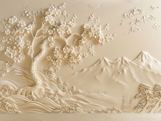 Beautiful sakura tree and mountain 3d relief wallpaper. Mural wallpaper. Wall art. AI generated illustration.