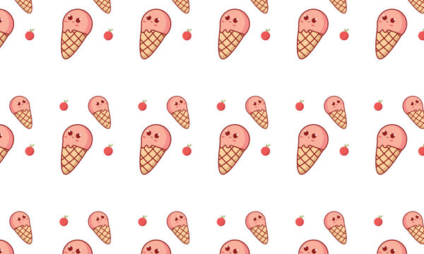 a pattern of ice cream cones with a pink cherry on the white background