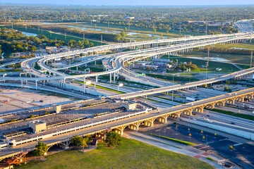 scenic skyline in late afternoon with view to trinity river bridge, interstate in Dallas, Texas
