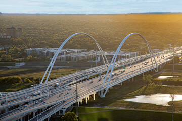 view to Margaret McDermott Bridge interstate street in  late afternoon in Dallas, Texas, USA