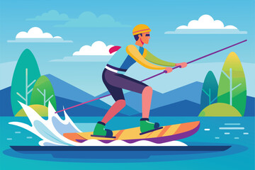 A flat illustration of a person water skiing on a lake, Water ski Customizable Flat Illustration