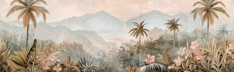 Tropical forest landscape wallpaper design - Mural wallpaper - 3D illustration. AI generated illustration