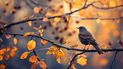 Obraz premium Bird on a autumn or fall forest tree with orange yellow leaves branch. Outdoor garden nature wildlife