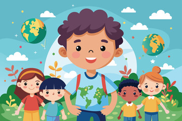 Cartoon illustration of happy children celebrating World Childrens Day with a colorful background and earth globes, World children's day Customizable Cartoon Illustration