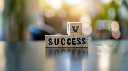 Wooden blocks spelling "SUCCESS" with a heart symbol, symbolizing love for achievement, on a reflective surface