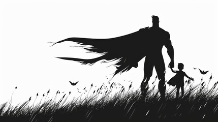Silhouette of a superhero dad and his son standing in a field, symbolizing strength and family bond