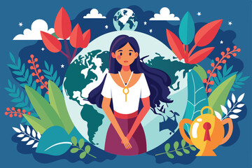 An illustration depicting a woman standing in front of the globe, holding a key on a necklace, World day against trafficking in persons Customizable Flat Illustration