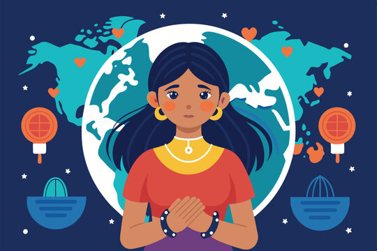 A determined woman stands in front of globe with hearts, symbolizing global fight against human trafficking, World day against trafficking in persons Customizable Flat Illustration