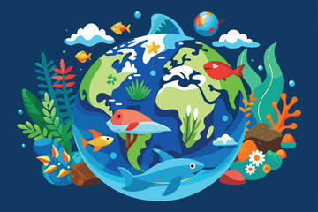 Obraz premium Flat illustration celebrating World Ocean Day with a globe surrounded by fish, aquatic plants, and clouds, World oceans day Customizable Flat Illustration