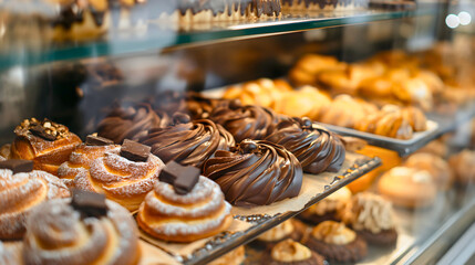 Chocolate pastry cakes and cookies in bakery. Sweet delicious dark cocoa cream food, tasty brown or black snack, yummy candy treat
