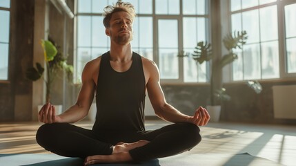 Fototapeta premium Man practices yoga and meditation in a sunlit studio, focusing on mindfulness and relaxation.