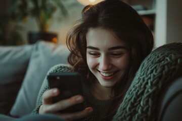 Fototapeta premium A happy young woman, sitting at home on the couch using her smartphone, smiling and looking at the screen while shopping online or working on social media apps. Social concepts, lifestyle
