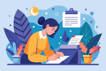 Fototapeta premium An illustration of a woman writing a letter at a desk, surrounded by foliage, Writing a letter Customizable Semi Flat Illustration