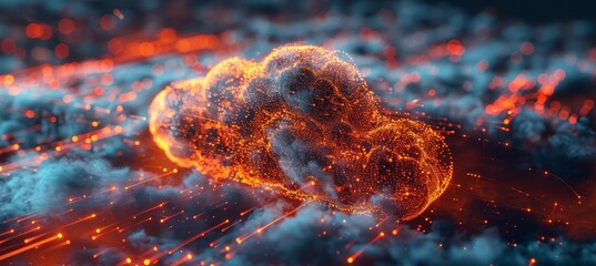 Futuristic cityscape with data flow lines under stylized cloud and metallic lock icon