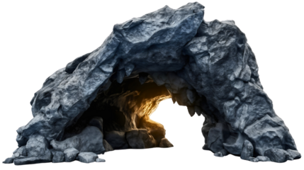 Black stone rock cave tunnel isolated on transparent background. Nature geology formation, underground adventure, limestone attraction