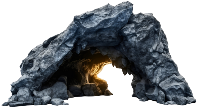 Black stone rock cave tunnel isolated on transparent background. Nature geology formation, underground adventure, limestone attraction