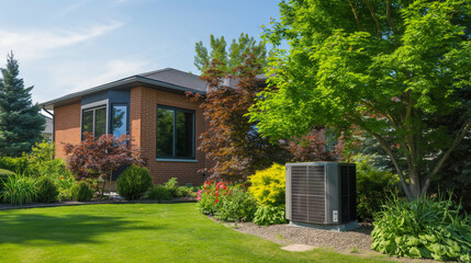 Sharp, high-definition photo of a newly constructed residential home with a freshly installed air source heat pump, surrounded by lush landscaping