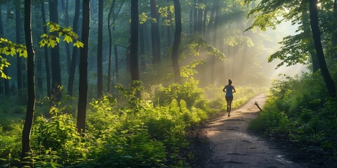 A woman jogging on a forest trail with sunlight filtering through the trees

