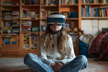 Obraz premium A young girl wearing a VR headset sits on the floor in her bedroom,