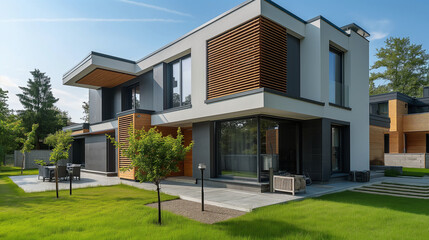 Image of a completed air source heat pump installation on a new residential home, with the house's modern architecture in view