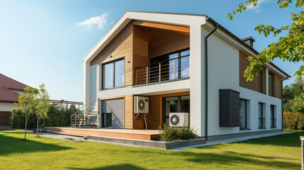 Clean and minimalist exterior of a new home with an air source heat pump installation, highlighting sustainable living