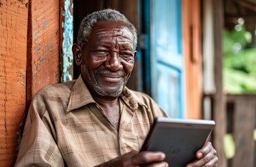Naklejka premium Elderly man smiling while using a tablet at home 