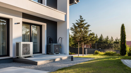 Clean and minimalist exterior of a new home with an air source heat pump installation, highlighting sustainable living