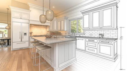 A stylish kitchen interior blending a photo of sleek, modern cabinets with a sketch of minimalist bar stools and a chic island centerpiece